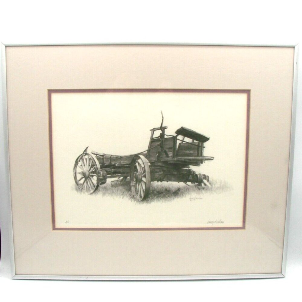 Larry Wollam Artist Signed Old Wagon Drawing Art Decor Matted Framed Vintage '79